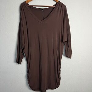 Johnny V-Neck Dolman Sleeve Tunic Top Ruched Side Shirring Brown Casual XXL